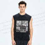 Unisex Cat in Rainy Comic Printed Washed Tank Top