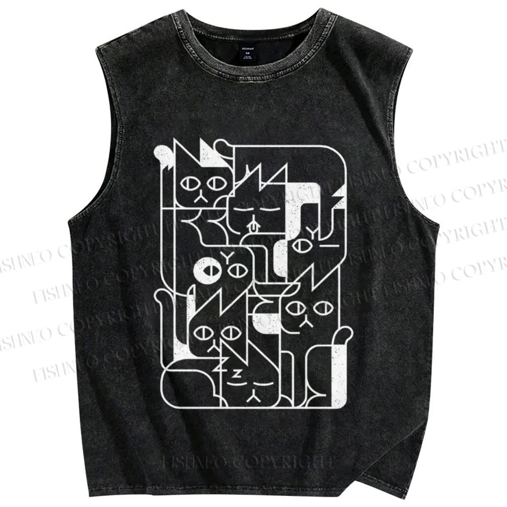 Unisex Geometry Cat Printed Washed Tank Top