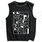 Unisex Geometry Cat Printed Washed Tank Top