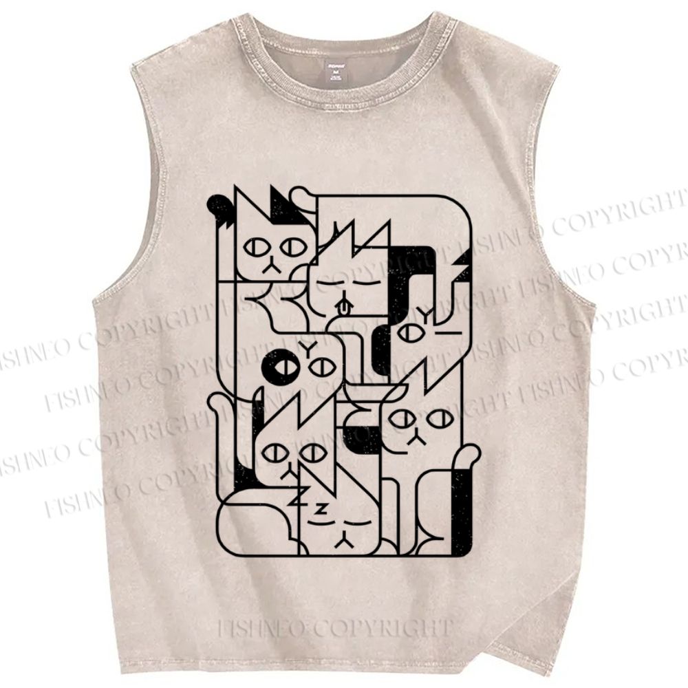 Unisex Geometry Cat Printed Washed Tank Top