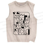 Unisex Geometry Cat Printed Washed Tank Top