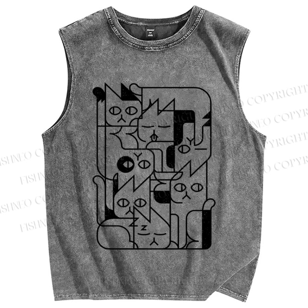Unisex Geometry Cat Printed Washed Tank Top