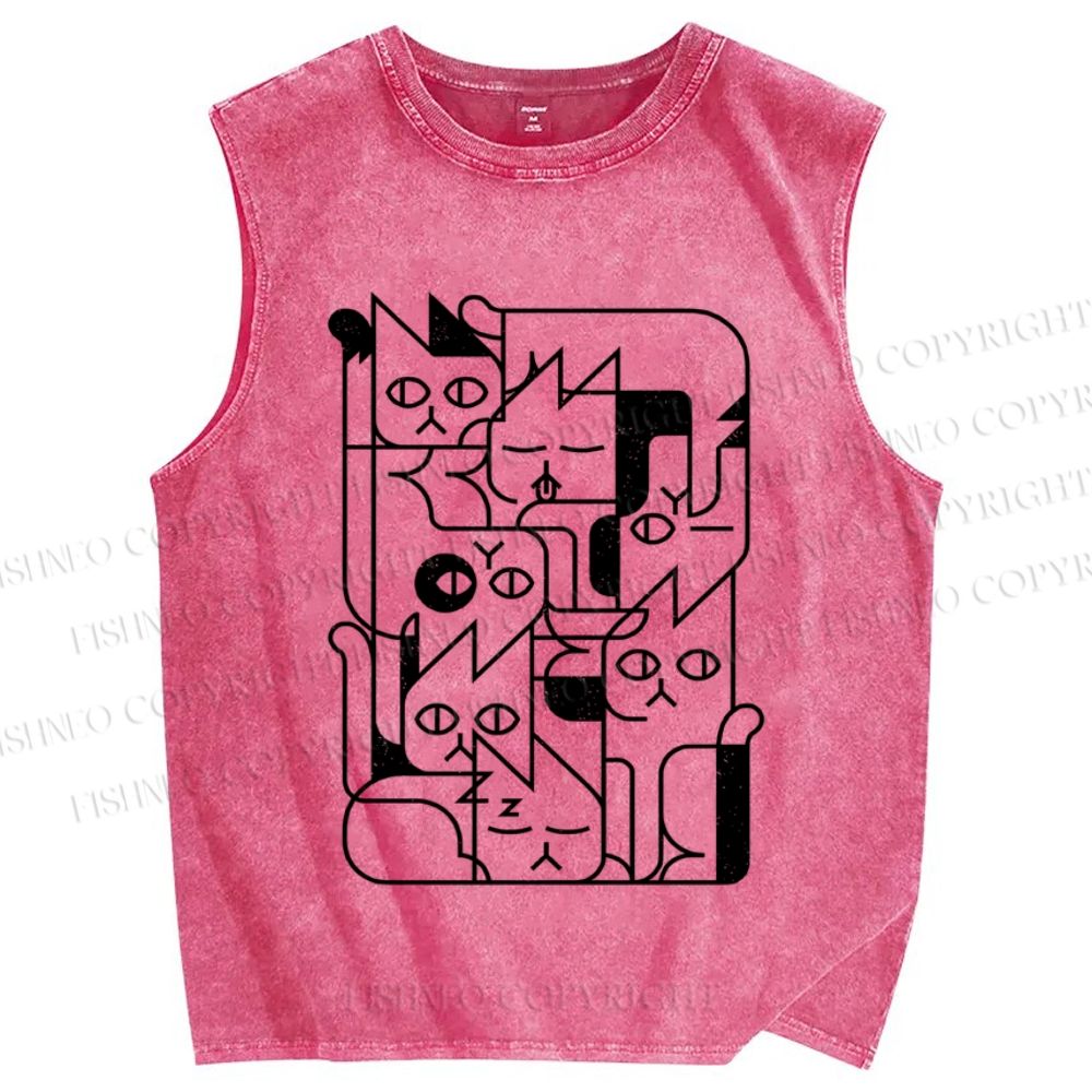 Unisex Geometry Cat Printed Washed Tank Top