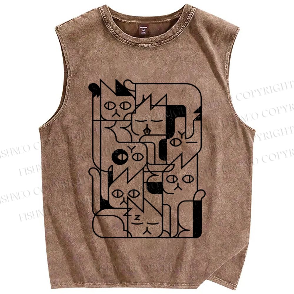 Unisex Geometry Cat Printed Washed Tank Top