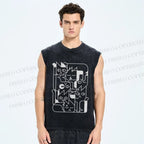 Unisex Geometry Cat Printed Washed Tank Top