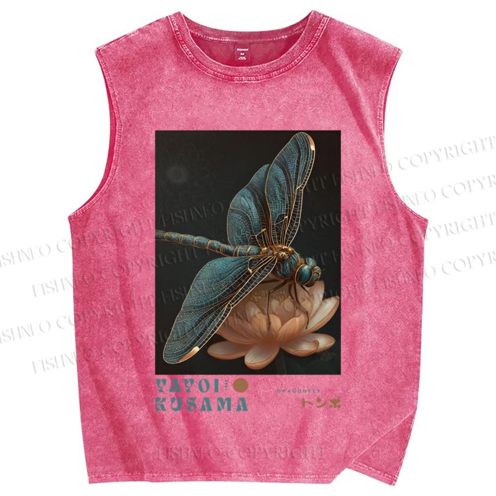 Unisex Japanese Yayoi Kusama Dragonfly Insect Printed Washed Tank Top