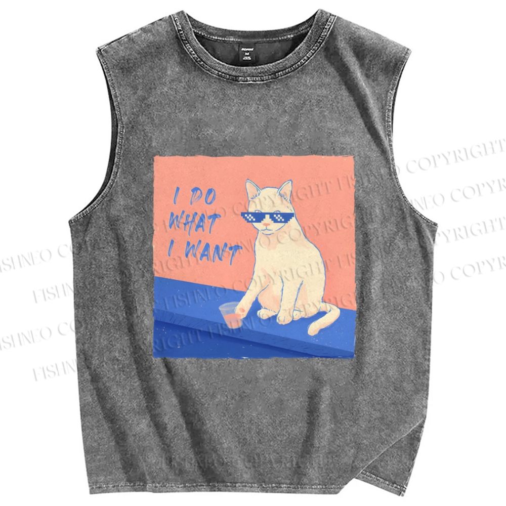 Unisex I Do What I Want Cat Printed Washed Tank Top
