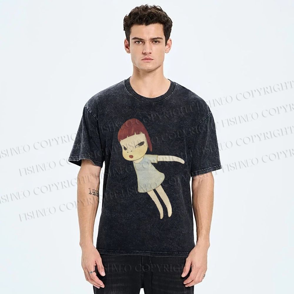 Unisex Yoshitomo Nara Flying Girl Printed Washed Tee