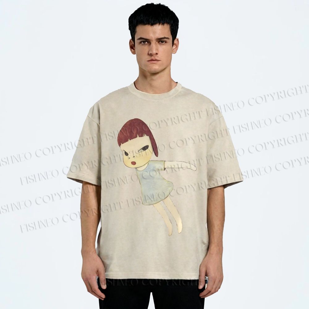 Unisex Yoshitomo Nara Flying Girl Printed Washed Tee