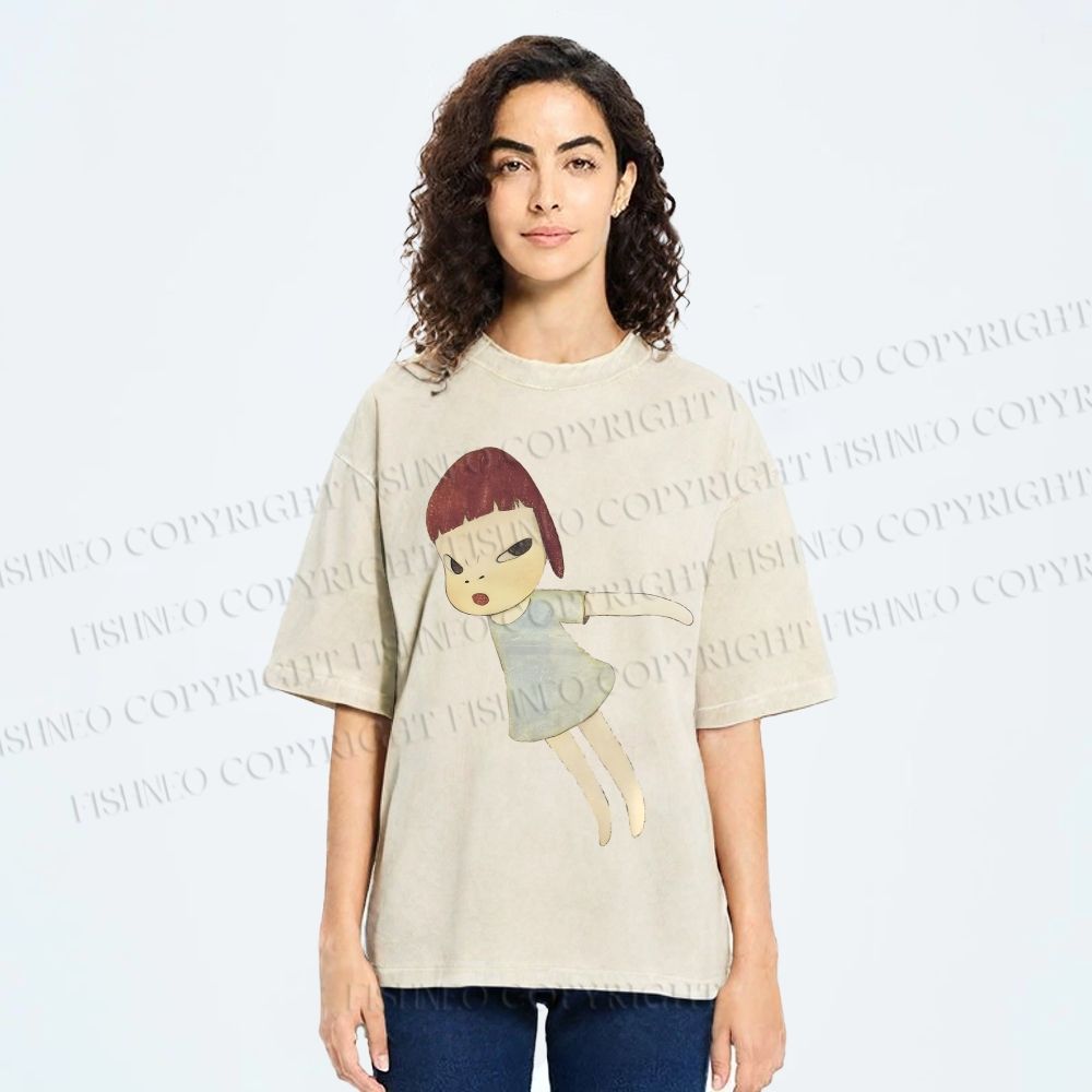 Unisex Yoshitomo Nara Flying Girl Printed Washed Tee
