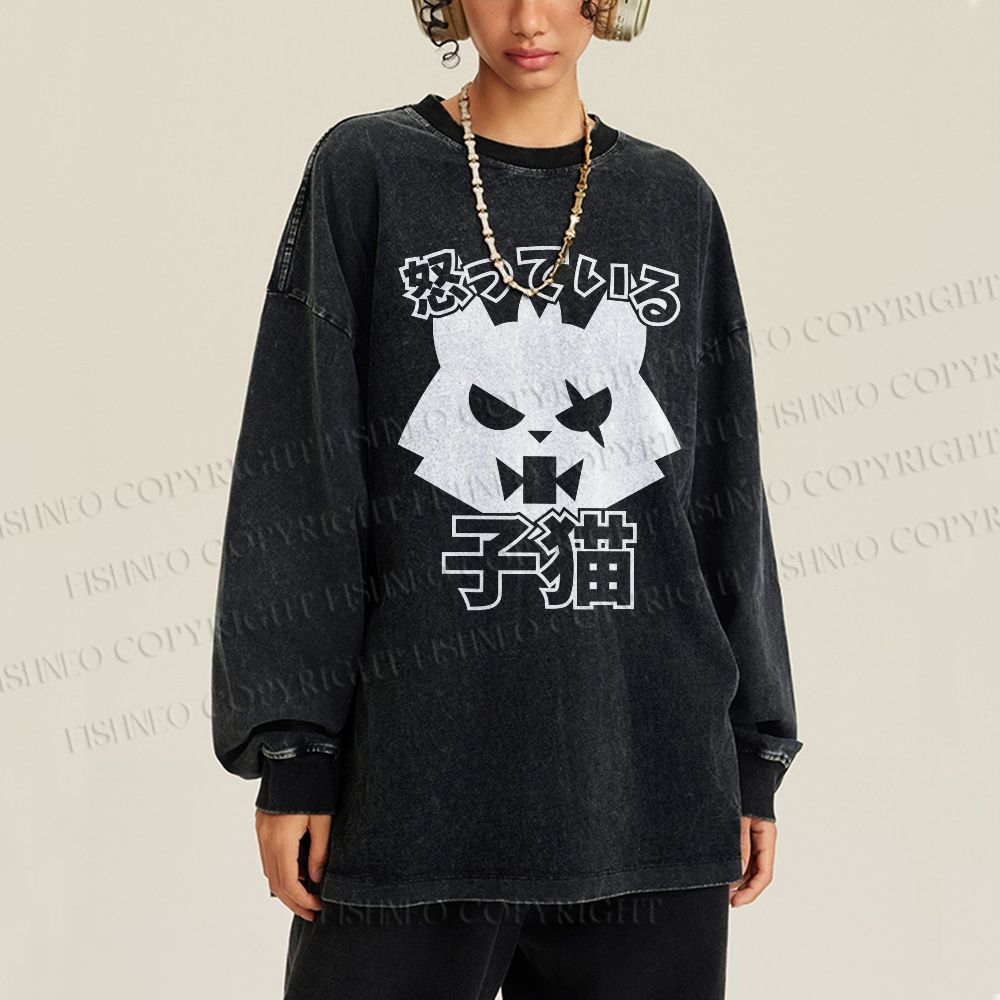 Unisex Casual Washed Angry Cat Printed Long Sleeve T-shirt