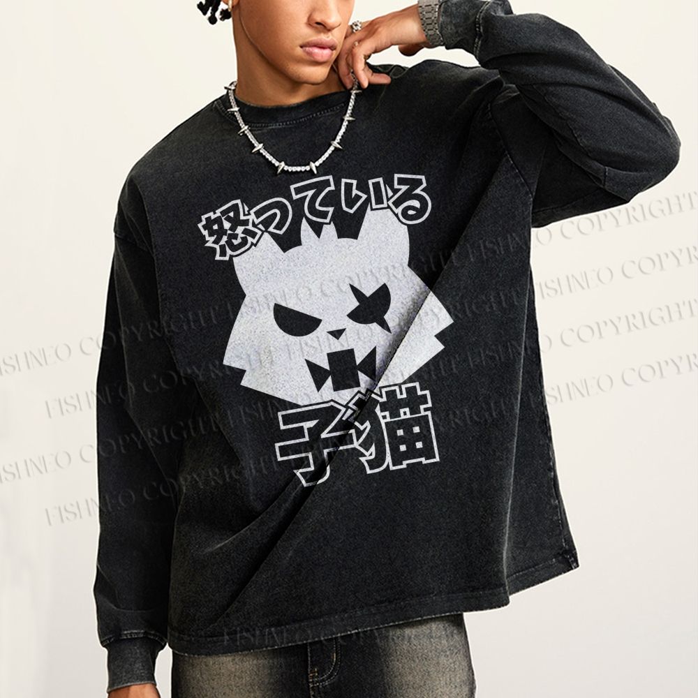 Unisex Casual Washed Angry Cat Printed Long Sleeve T-shirt