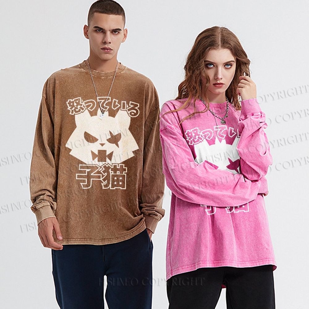 Unisex Casual Washed Angry Cat Printed Long Sleeve T-shirt