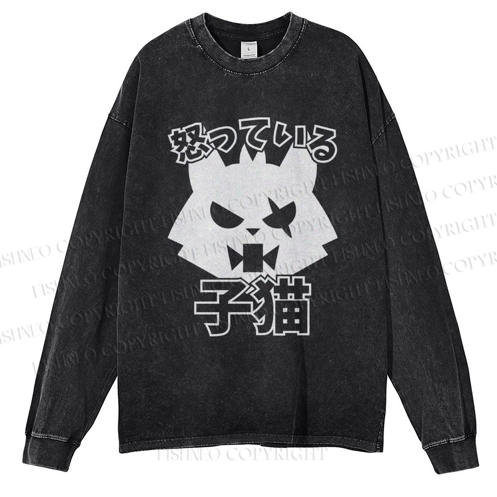Unisex Casual Washed Angry Cat Printed Long Sleeve T-shirt
