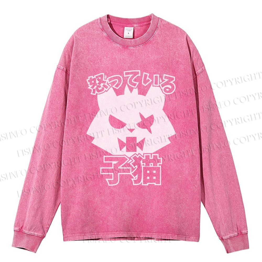 Unisex Casual Washed Angry Cat Printed Long Sleeve T-shirt