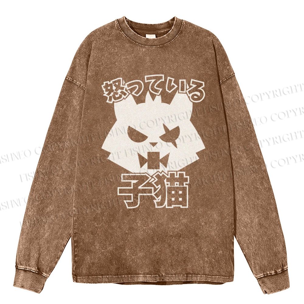 Unisex Casual Washed Angry Cat Printed Long Sleeve T-shirt