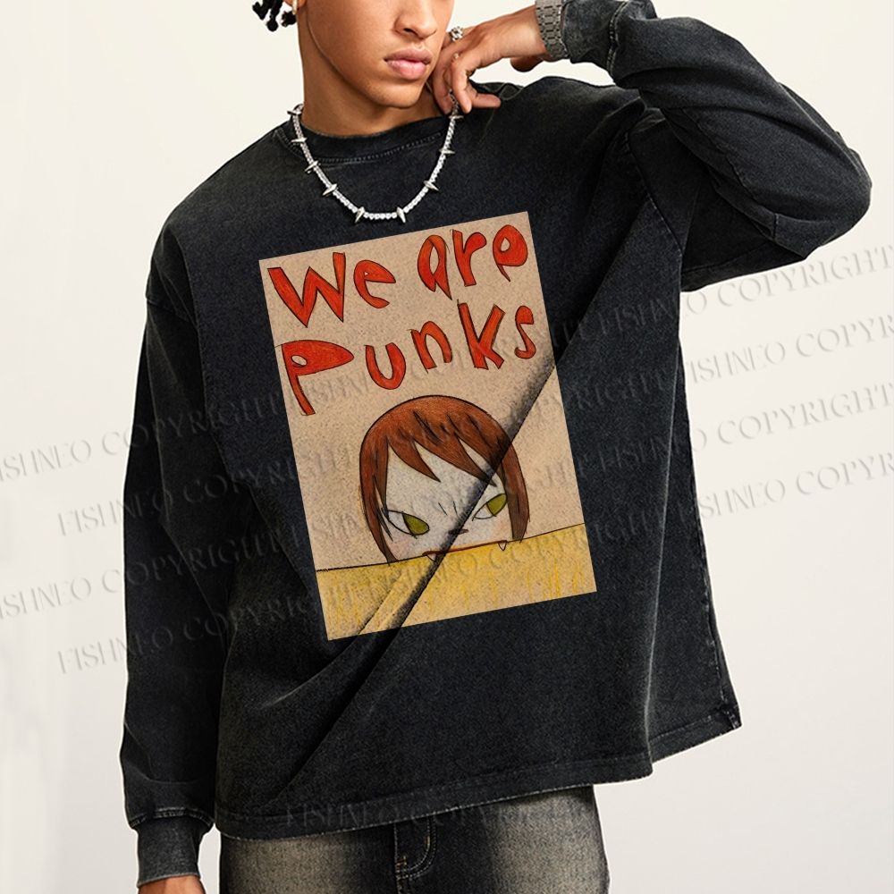 Unisex Casual Washed Yoshitomo Nara We Are Punks Printed Long Sleeve T-shirt