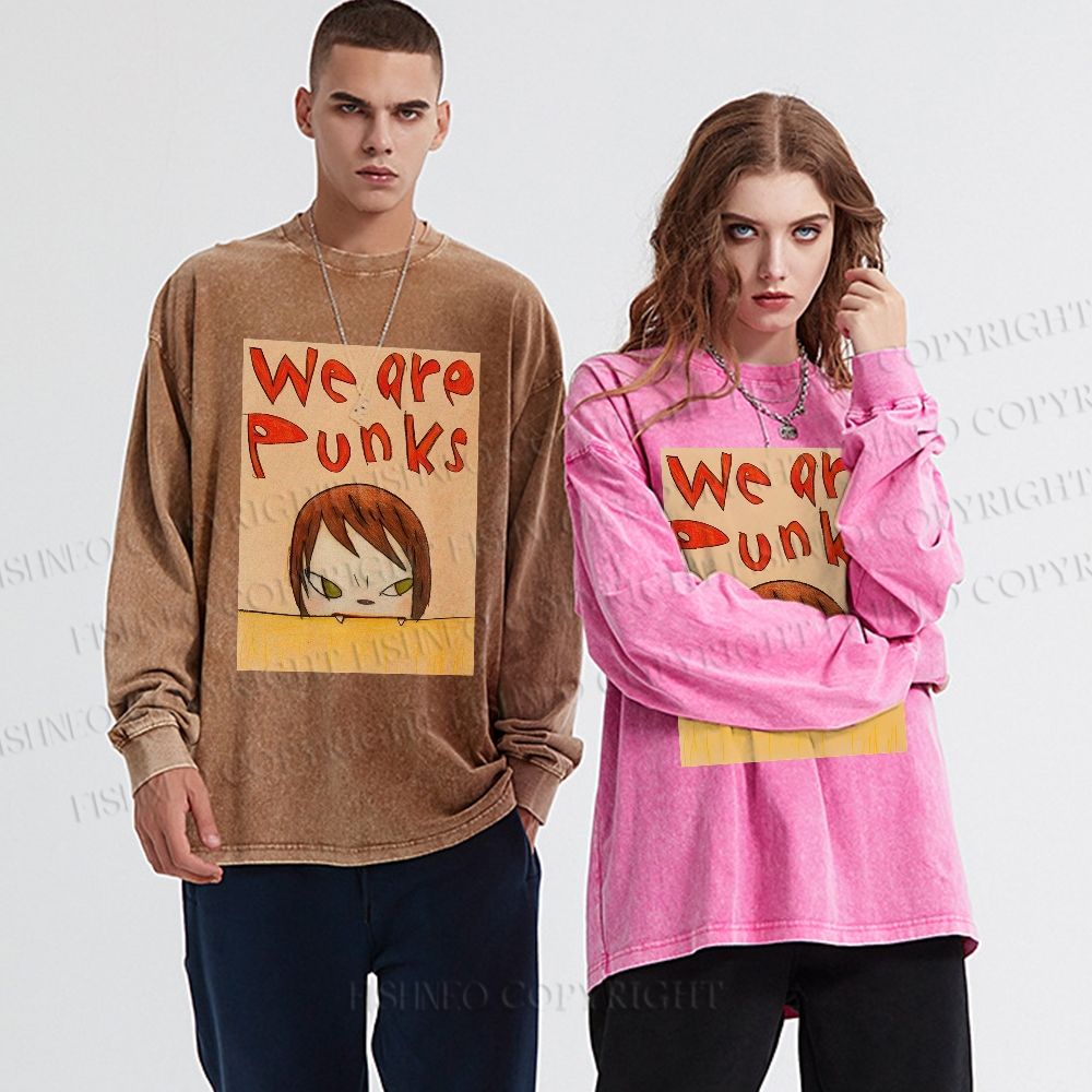 Unisex Casual Washed Yoshitomo Nara We Are Punks Printed Long Sleeve T-shirt