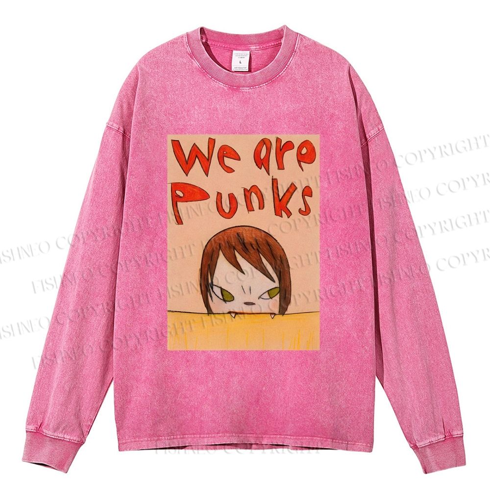 Unisex Casual Washed Yoshitomo Nara We Are Punks Printed Long Sleeve T-shirt