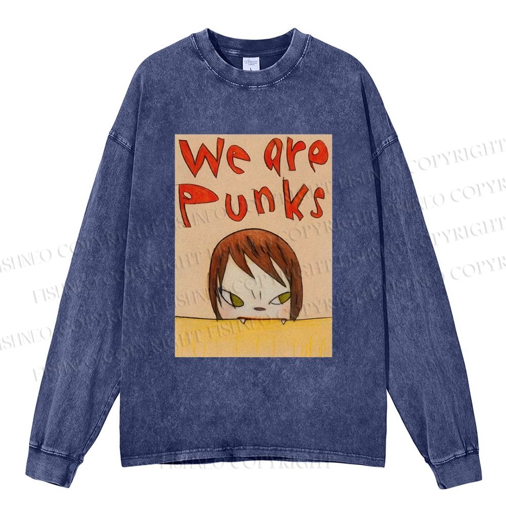 Unisex Casual Washed Yoshitomo Nara We Are Punks Printed Long Sleeve T-shirt