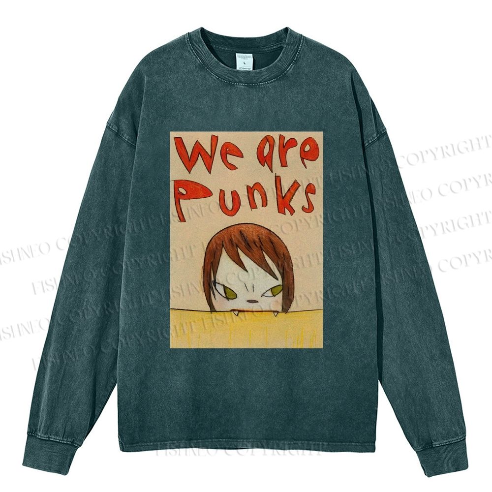 Unisex Casual Washed Yoshitomo Nara We Are Punks Printed Long Sleeve T-shirt