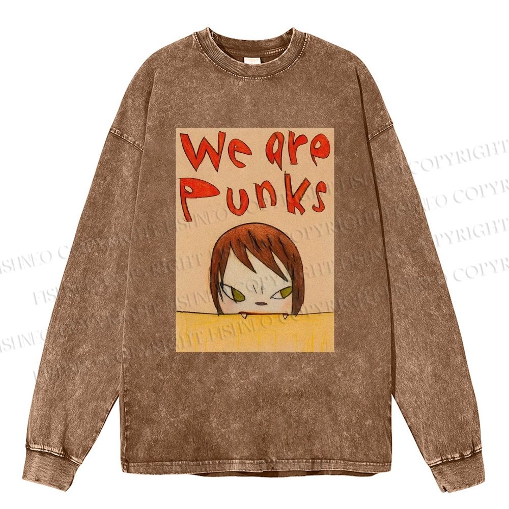 Unisex Casual Washed Yoshitomo Nara We Are Punks Printed Long Sleeve T-shirt