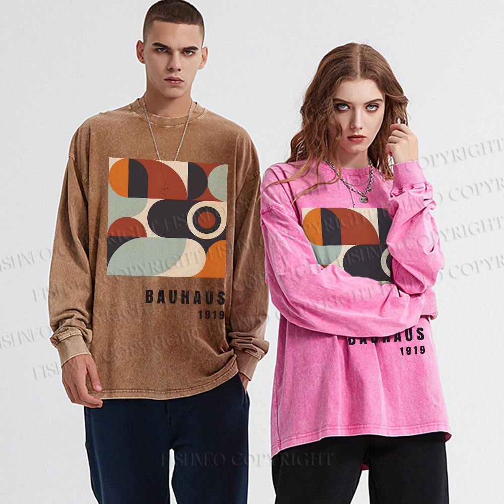 Unisex Casual Washed Bauhaus Geometry Printed Long Sleeve T-shirt