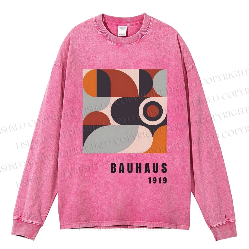 Unisex Casual Washed Bauhaus Geometry Printed Long Sleeve T-shirt