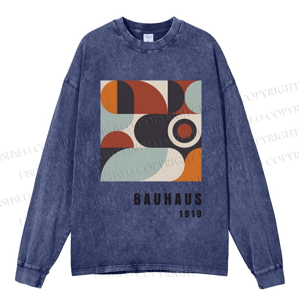 Unisex Casual Washed Bauhaus Geometry Printed Long Sleeve T-shirt
