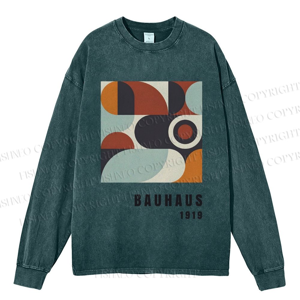 Unisex Casual Washed Bauhaus Geometry Printed Long Sleeve T-shirt