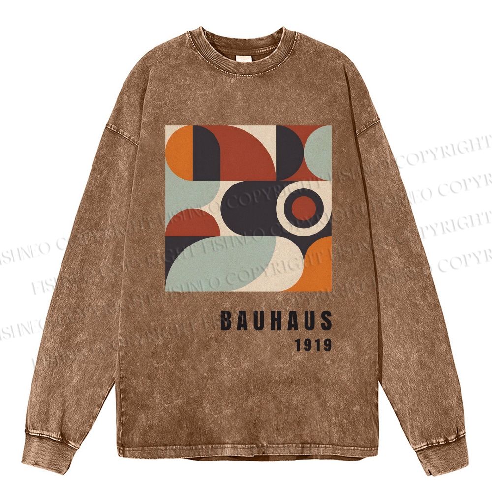 Unisex Casual Washed Bauhaus Geometry Printed Long Sleeve T-shirt
