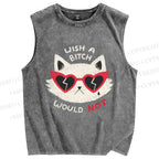Unisex Wish A Bitch Would Not Cat Printed Washed Tank Top