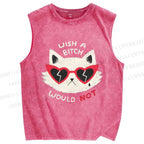 Unisex Wish A Bitch Would Not Cat Printed Washed Tank Top
