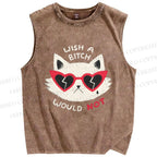Unisex Wish A Bitch Would Not Cat Printed Washed Tank Top
