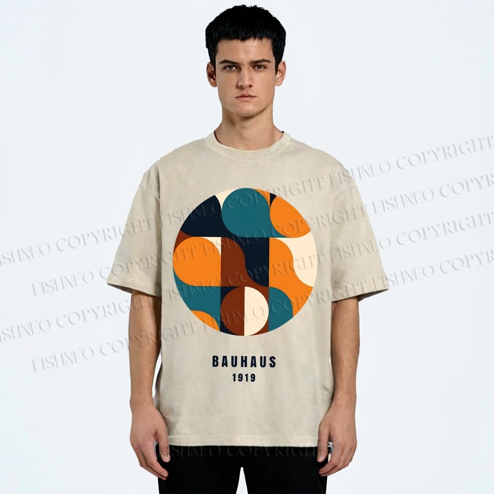 Unisex Bauhaus Geometric Color Blocks Printed Washed Tee