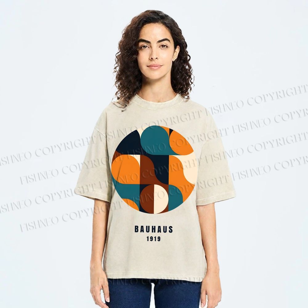 Unisex Bauhaus Geometric Color Blocks Printed Washed Tee