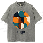 Unisex Bauhaus Geometric Color Blocks Printed Washed Tee