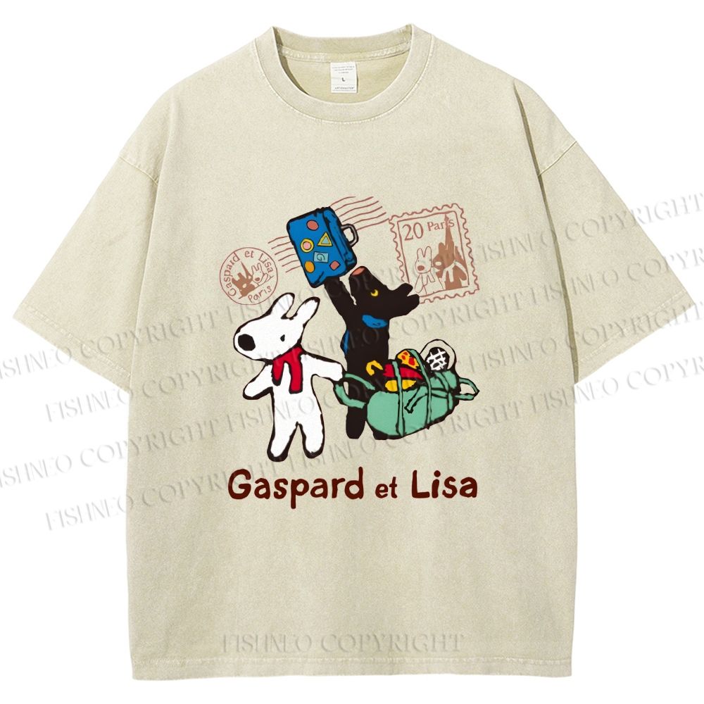 Unisex Gaspard and Lisa DoggyBunny Traveling All Around Printed Washed Tee