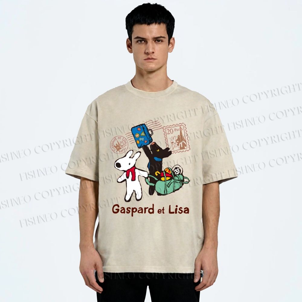 Unisex Gaspard and Lisa DoggyBunny Traveling All Around Printed Washed Tee