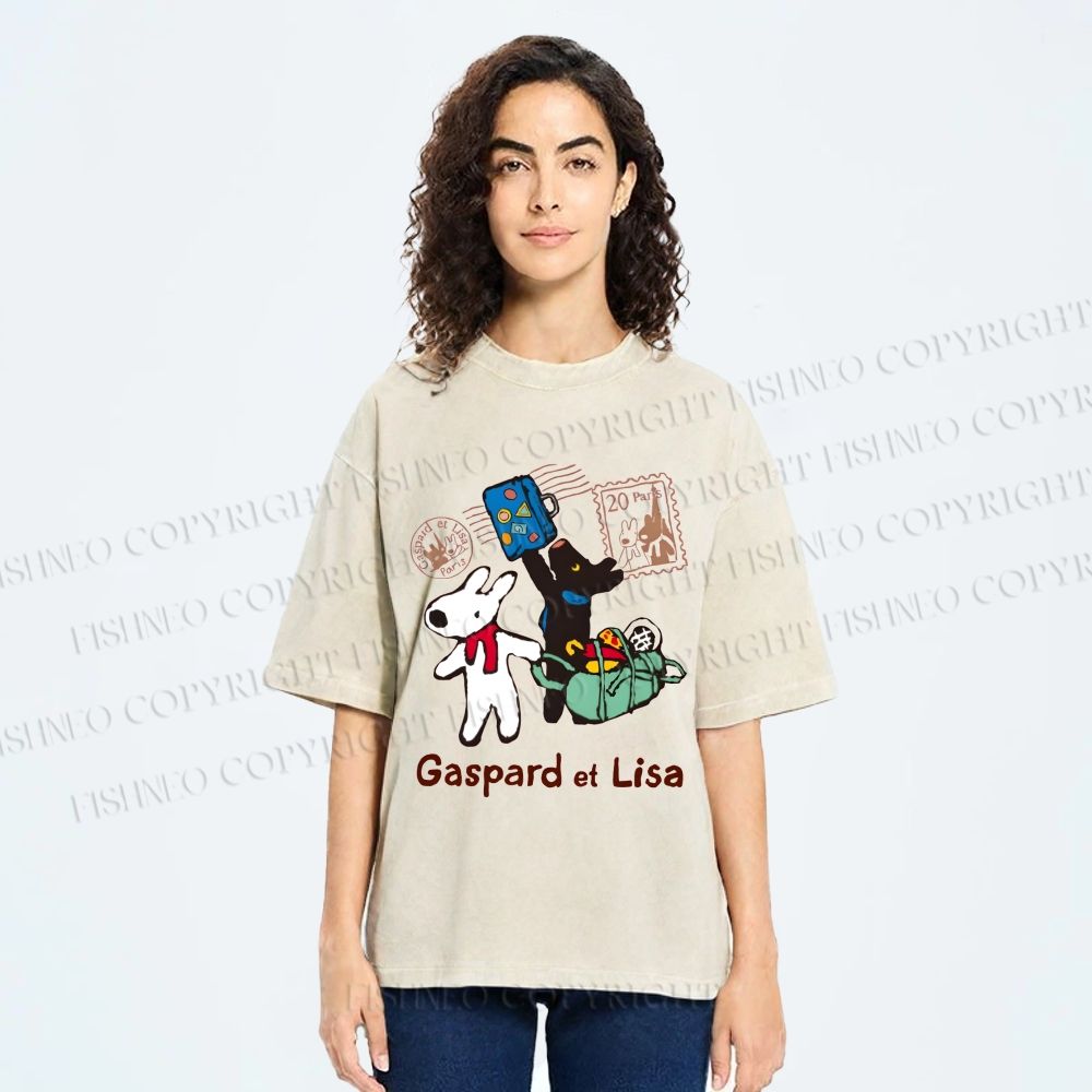 Unisex Gaspard and Lisa DoggyBunny Traveling All Around Printed Washed Tee
