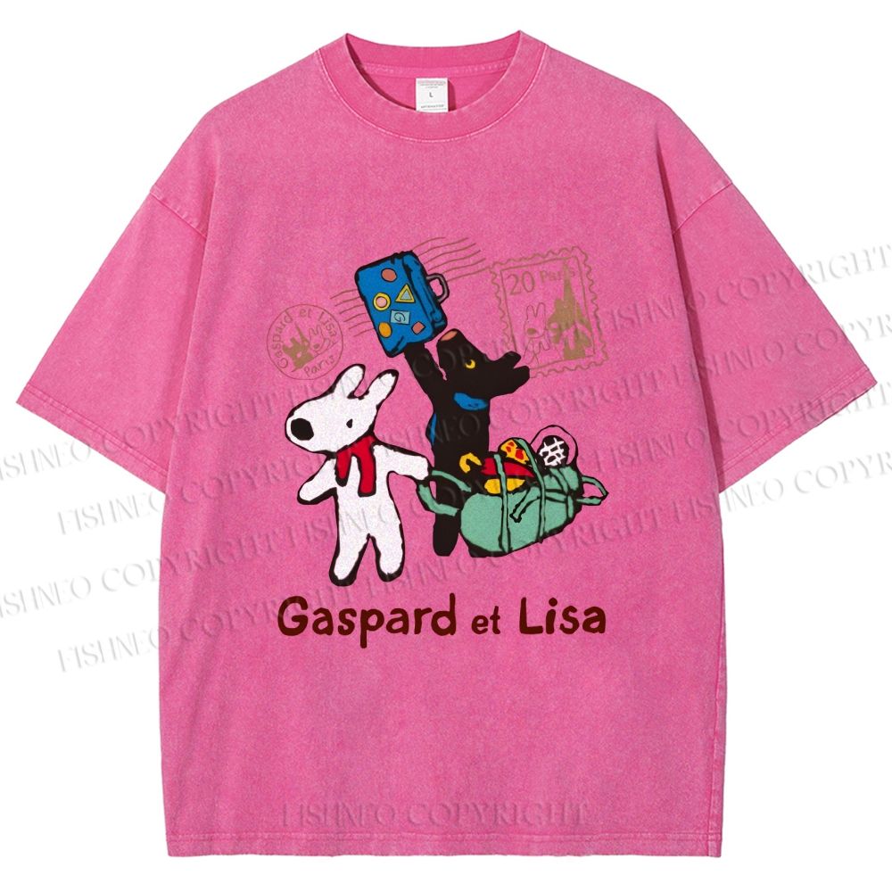 Unisex Gaspard and Lisa DoggyBunny Traveling All Around Printed Washed Tee