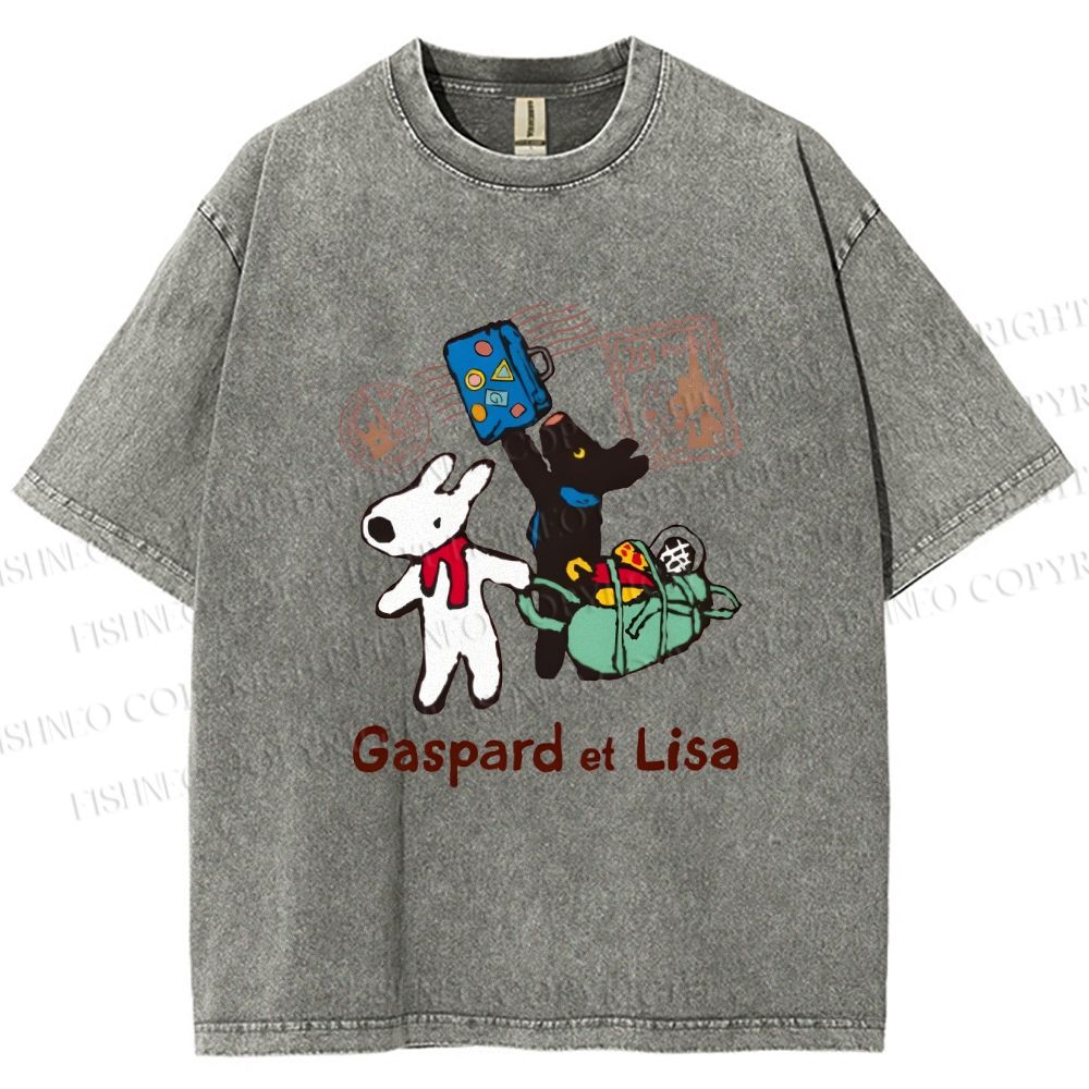 Unisex Gaspard and Lisa DoggyBunny Traveling All Around Printed Washed Tee