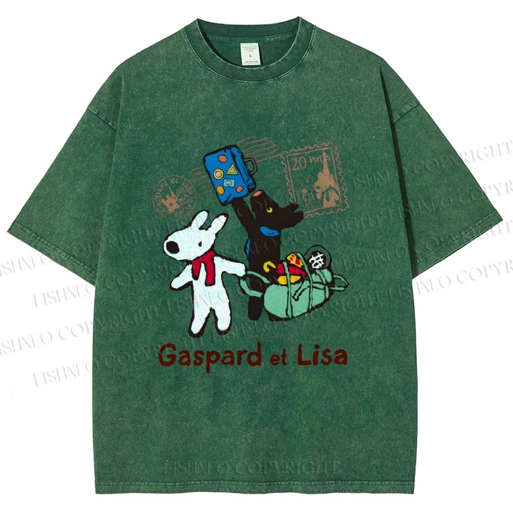 Unisex Gaspard and Lisa DoggyBunny Traveling All Around Printed Washed Tee