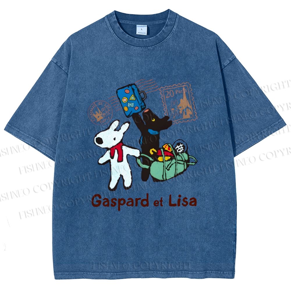 Unisex Gaspard and Lisa DoggyBunny Traveling All Around Printed Washed Tee