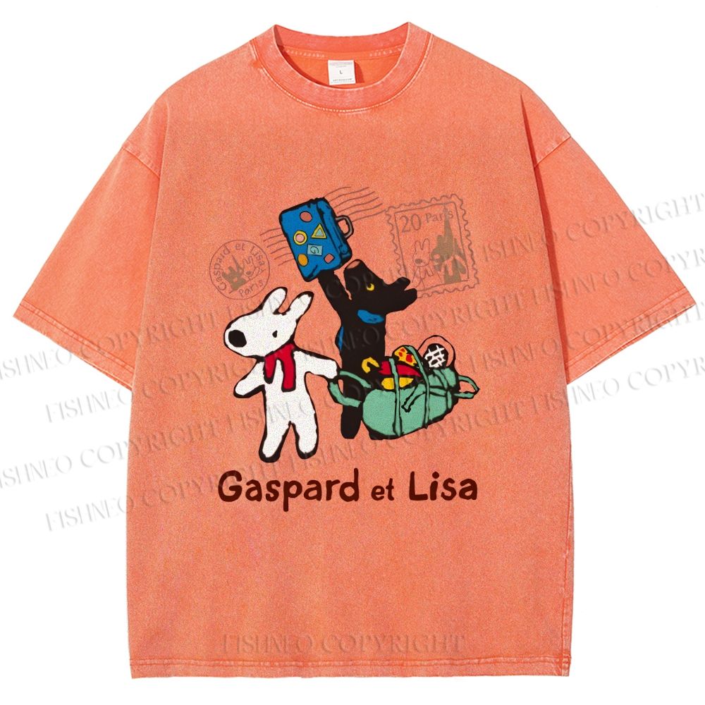 Unisex Gaspard and Lisa DoggyBunny Traveling All Around Printed Washed Tee