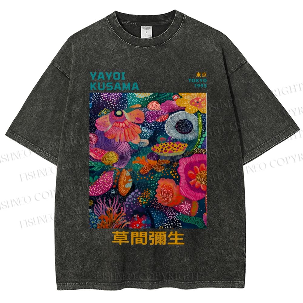 Unisex Japanese Yayoi Kusama Flowers Printed Washed Tee