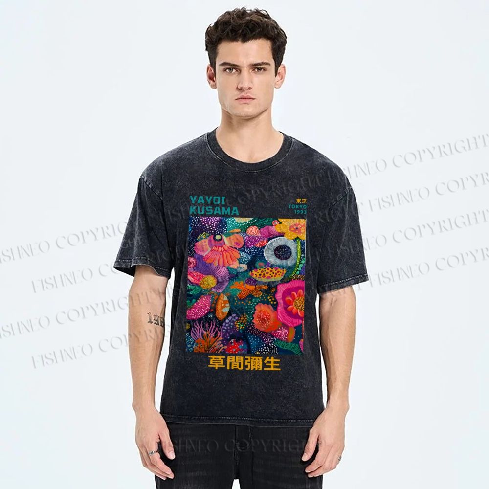 Unisex Japanese Yayoi Kusama Flowers Printed Washed Tee