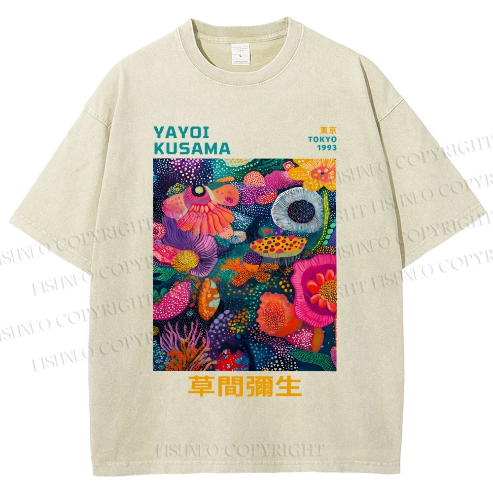 Unisex Japanese Yayoi Kusama Flowers Printed Washed Tee