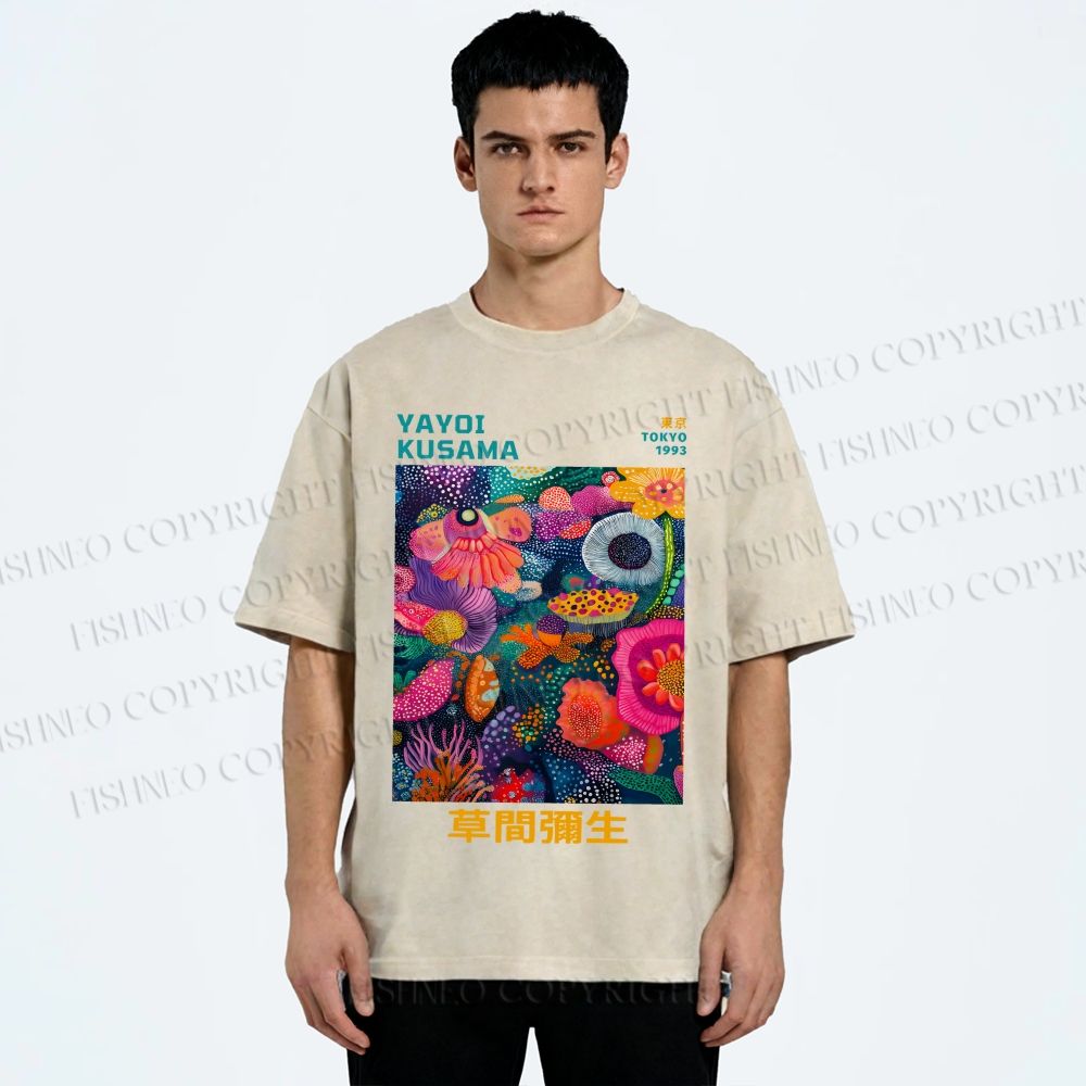 Unisex Japanese Yayoi Kusama Flowers Printed Washed Tee