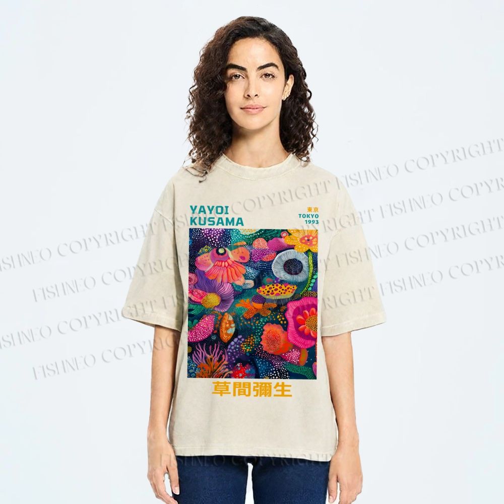 Unisex Japanese Yayoi Kusama Flowers Printed Washed Tee